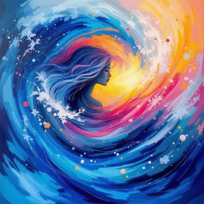 The primary subject of the image is a woman with long hair, who is the main focus of the scene. She is depicted in a colorful, swirling background, which adds a vibrant and dynamic atmosphere to the image. The visual style of the image is a combination of digital art and illustration, creating a unique and eye-catching piece of art. The colors used in the image are predominantly blue and pink, which contribute to the overall mood and aesthetic of the piece.